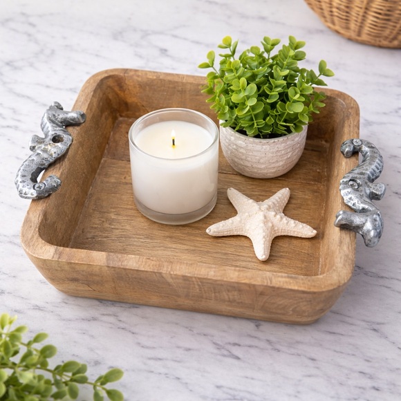 Tommy Bahama Other - Tommy Bahama Wooden Tray Seahorse Handles Coastal Beach Decor Wood Serving Tray